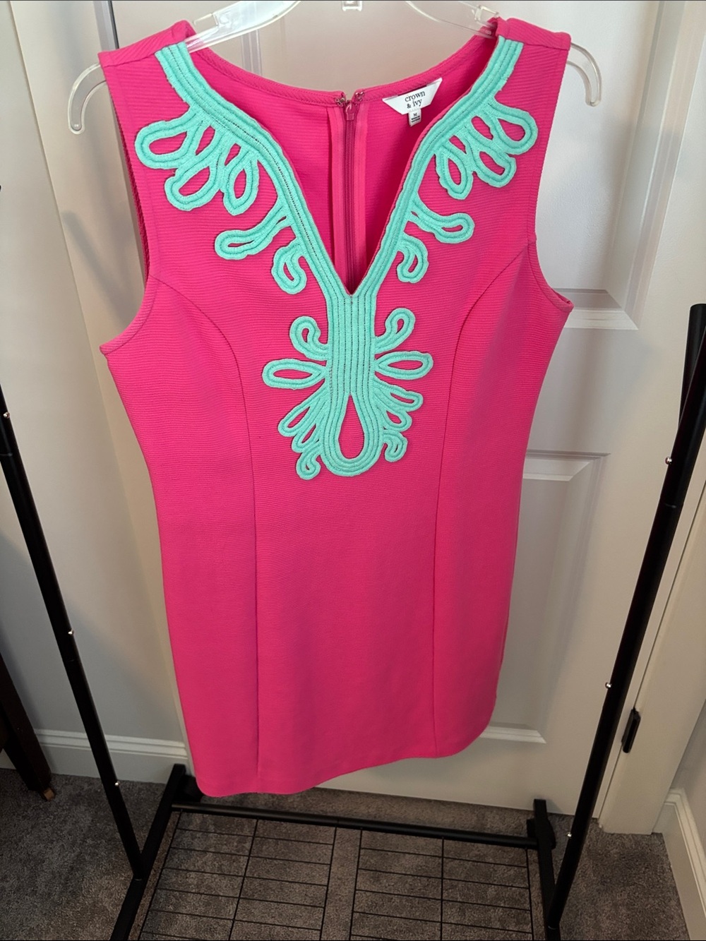 crown & ivy Bright Pink Dress with Aqua Embroidered Applique